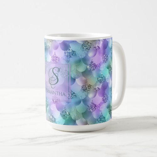 Pretty Vibrant Faux Glitter Mermaid Mix Monogram Coffee Mug