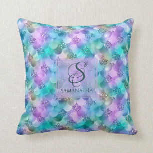 Pretty Vibrant Faux Glitter Mermaid Mix Monogram Throw Pillow