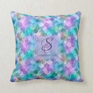 Pretty Vibrant Faux Glitter Mermaid Mix Monogram Throw Pillow