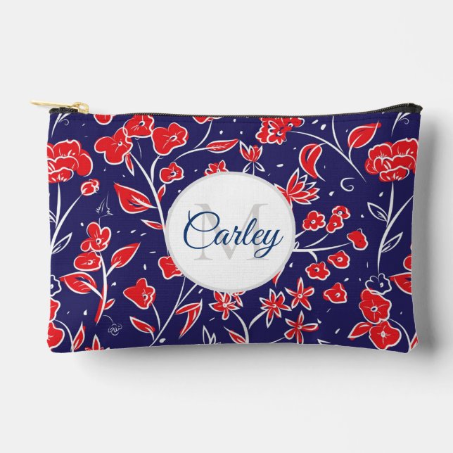 Pretty Vibrant Red Blue Floral Personalised Accessory Pouch (Front)