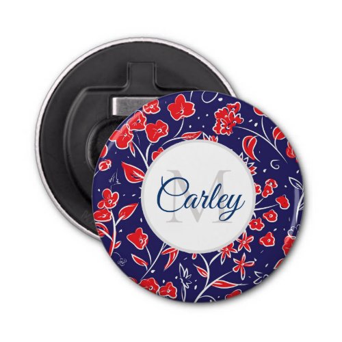 Pretty Vibrant Red Blue Floral Personalised Bottle Opener