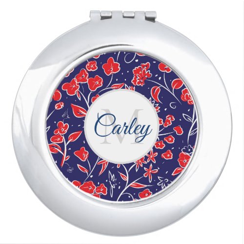 Pretty Vibrant Red Blue Floral Personalised Compact Mirror