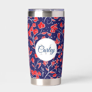 Pretty Vibrant Red Blue Floral Personalised Insulated Tumbler