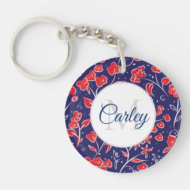 Pretty Vibrant Red Blue Floral Personalised Keychain (Front)
