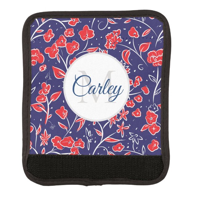 Pretty Vibrant Red Blue Floral Personalised Luggage Handle Wrap (Front)
