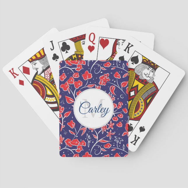 Pretty Vibrant Red Blue Floral Personalised  Poker Cards (Back)