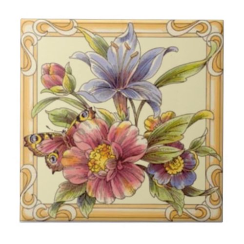 Pretty Victorian Floral Hand Colored Reproduction Ceramic Tile