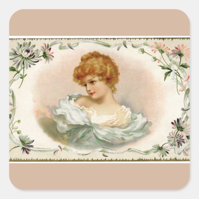 Pretty Victorian Lady Floral Beige Square Sticker (Front)
