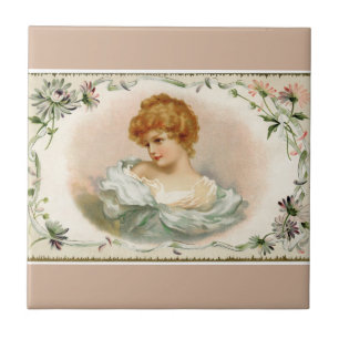 Pretty Victorian Lady Floral Ceramic Tile
