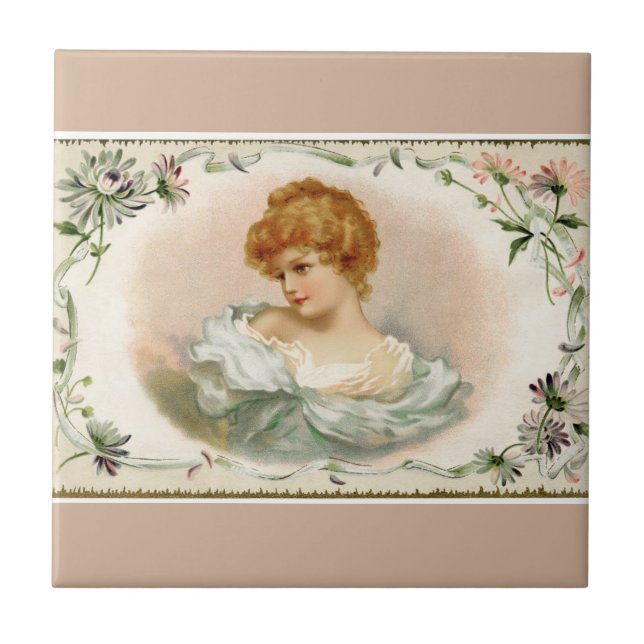 Pretty Victorian Lady Floral Ceramic Tile (Front)