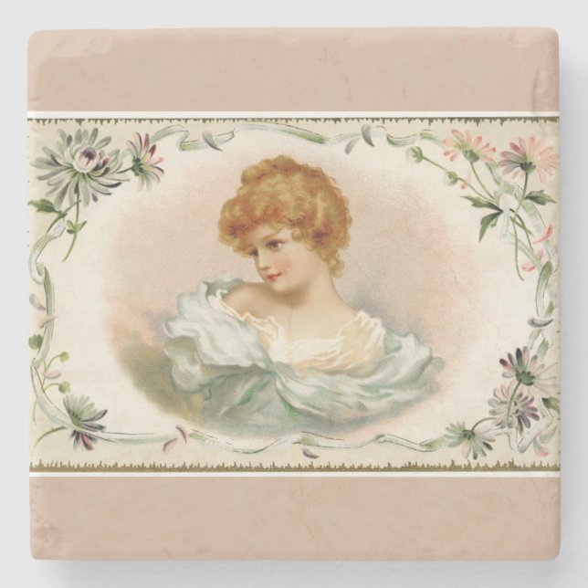 Pretty Victorian Lady Floral Stone Coaster (Front)