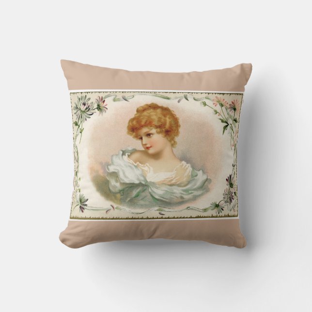 Pretty Victorian Lady Floral Throw Pillow (Front)