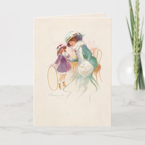 Pretty Victorian Mother in Ermine with Daughter Holiday Card