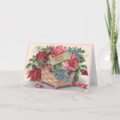 Pretty Victorian Pink  Red Roses Basket Birthday Card
