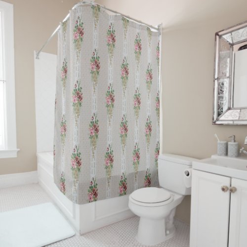 Pretty Victorian Pink Roses and White Lace Shower Curtain