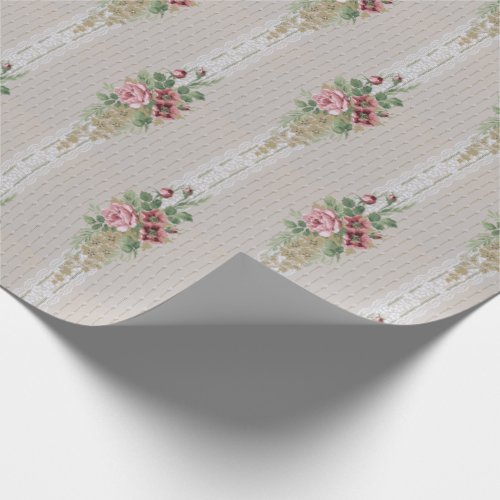 Pretty Victorian Pink Roses and White Lace Wrapping Paper