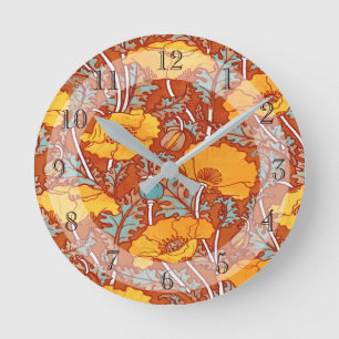 Pretty Vintage Art Nouveau Orange Poppy Round Clock