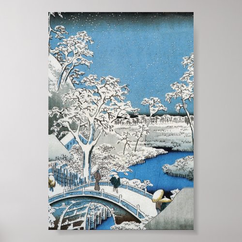 Pretty Vintage Asian Winter Scene Snow Bridge Poster
