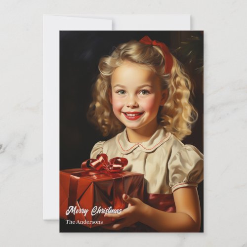 Pretty Vintage blonde girl with Christmas present  Holiday Card