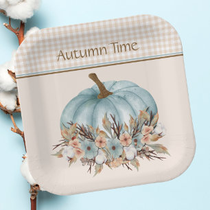 Pretty Vintage Blue Autumn Plaid Floral Pumpkin  Paper Plates