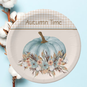 Pretty Vintage Blue Autumn Plaid Floral Pumpkin  Paper Plates