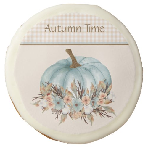 Pretty Vintage Blue Autumn Plaid Floral Pumpkin  Sugar Cookie