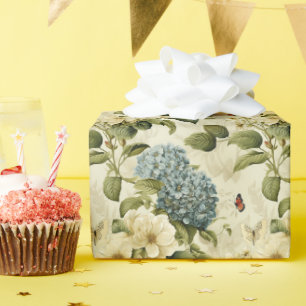 Pretty Vintage Blue Hydrangea and Butterfly Floral Wrapping Paper
