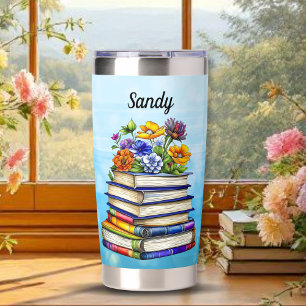 Pretty Vintage Books and Flowers Personalized Insulated Tumbler