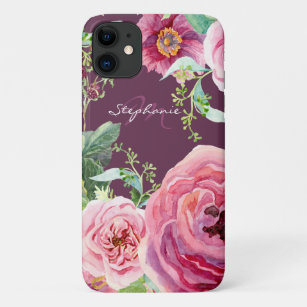 Pretty Vintage Cassis Pink Peony Floral Watercolor iPhone 11 Case