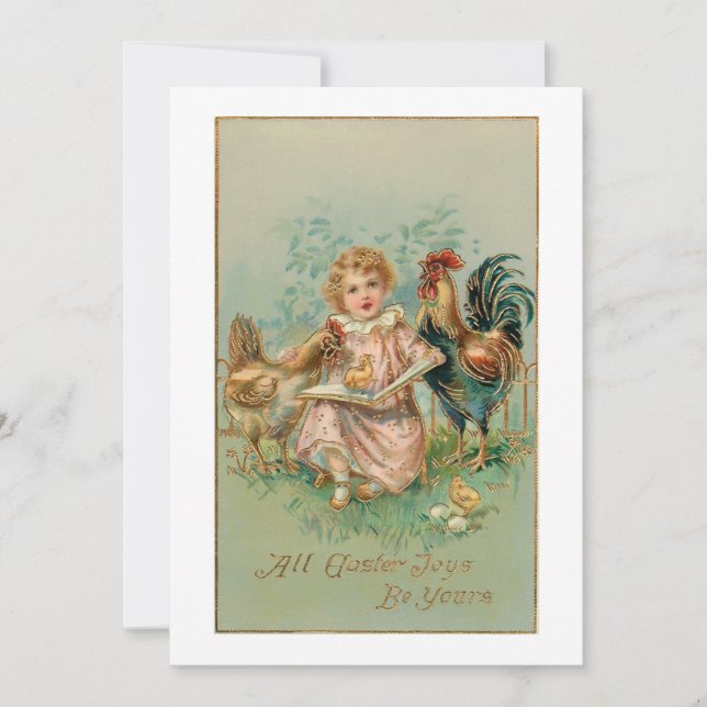 Pretty Vintage Child and Easter Hens Holiday Card (Front)