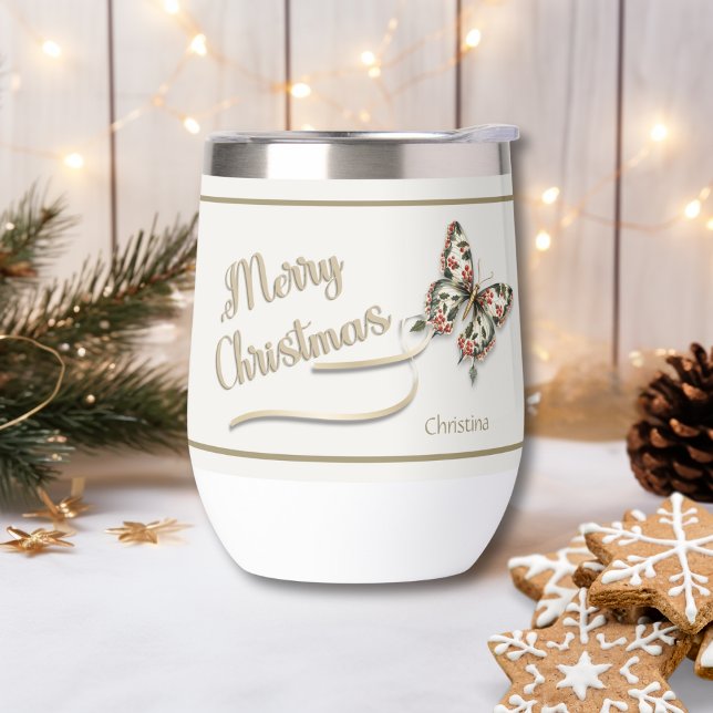 Pretty Vintage Christmas Butterfly  Thermal Wine Tumbler (Creator Uploaded)