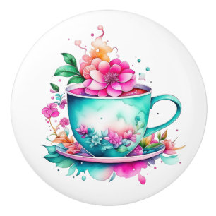 Pretty Vintage Coffee Cup with Pink Flowers Ceramic Knob