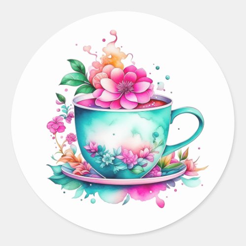 Pretty Vintage Coffee Cup with Pink Flowers Classic Round Sticker