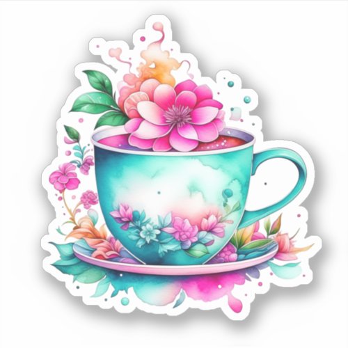 Pretty Vintage Coffee Cup with Pink Flowers Sticker