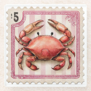 PRETTY VINTAGE DISTRESSED SUMMER RED CRAB GLASS COASTER