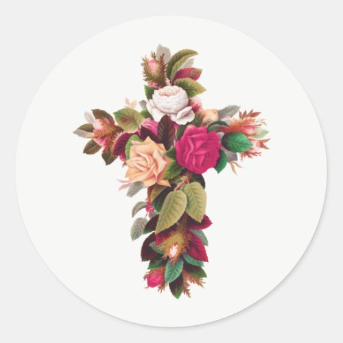 Pretty Vintage Elegant Floral Cross  Classic Round Sticker