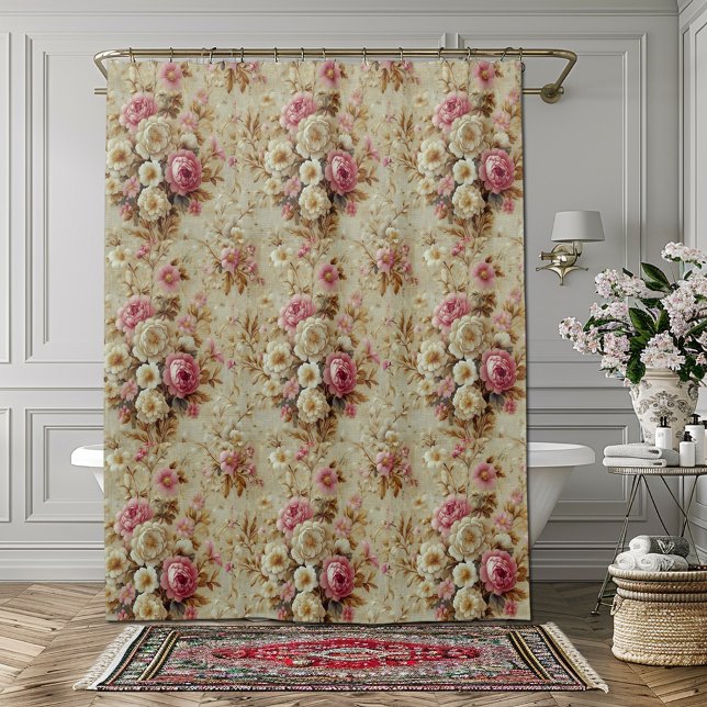 Pretty Vintage Elegant Victorian Pink White Roses Shower Curtain (Creator Uploaded)