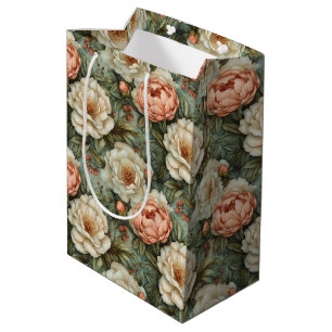 Pretty Vintage Elegant White and Peach Floral Medium Gift Bag