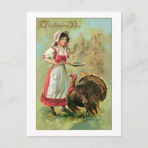 Pretty Vintage Farm Girl with Turkey Postcard