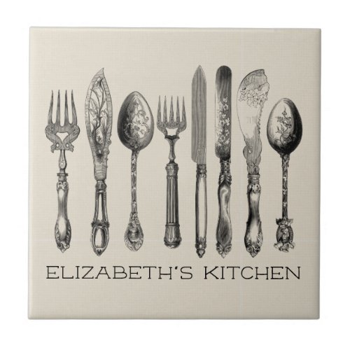 Pretty Vintage Flatware and Name Ceramic Tile