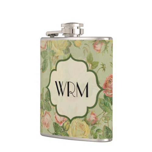 Pretty Vintage Floral Monogrammed Flower Pattern Hip Flask