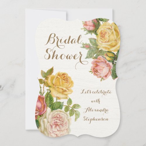 Pretty Vintage Floral Rose Whitewash Bridal Shower Invitation