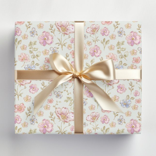 Pretty Vintage Flowers Floral Pattern Wrapping Paper (In situ)