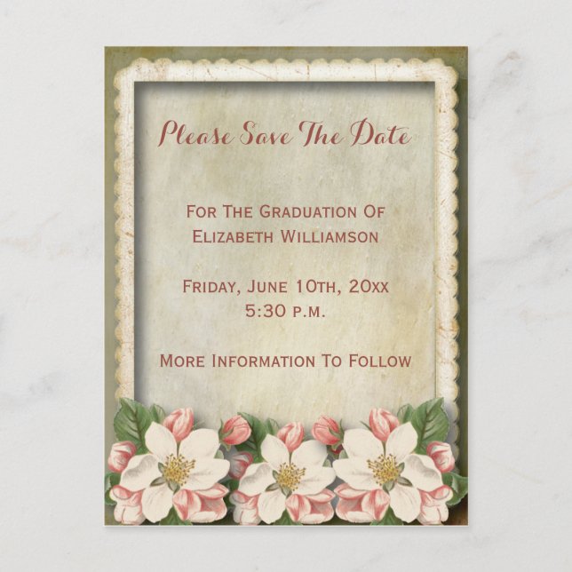 Pretty Vintage Flowers Graduation Save The Date Postcard (Front)