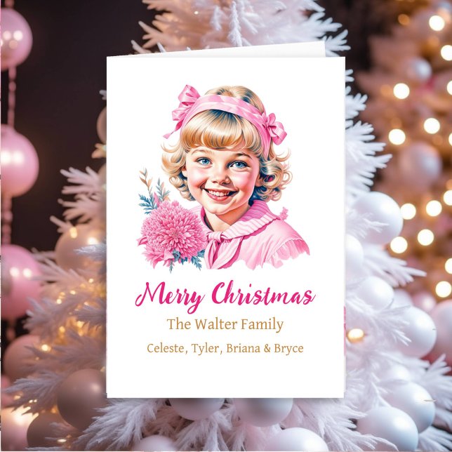 Pretty Vintage Girl | Pink Christmas Personalized  Holiday Card (Creator Uploaded)