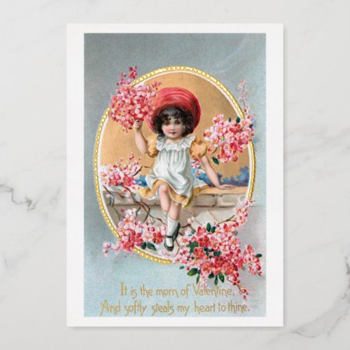 Pretty Vintage Girl with Pink Valentine Blossoms Foil Holiday Card