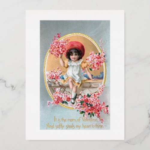 Pretty Vintage Girl with Pink Valentine Blossoms Foil Holiday Postcard