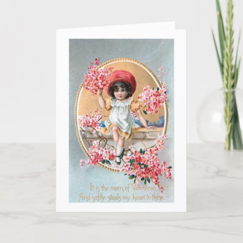 Pretty Vintage Girl with Pink Valentine Blossoms Holiday Card