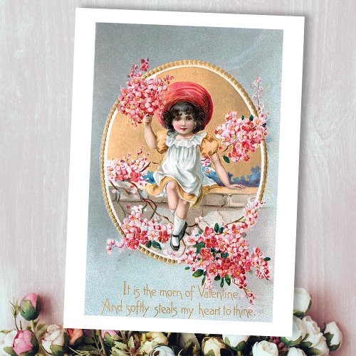 Pretty Vintage Girl with Pink Valentine Blossoms Holiday Card