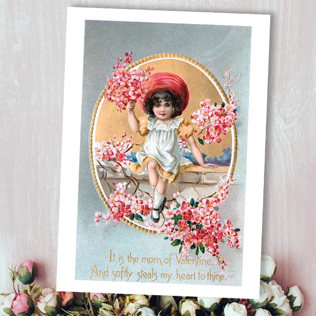 Pretty Vintage Girl with Pink Valentine Blossoms Holiday Card (Creator Uploaded)